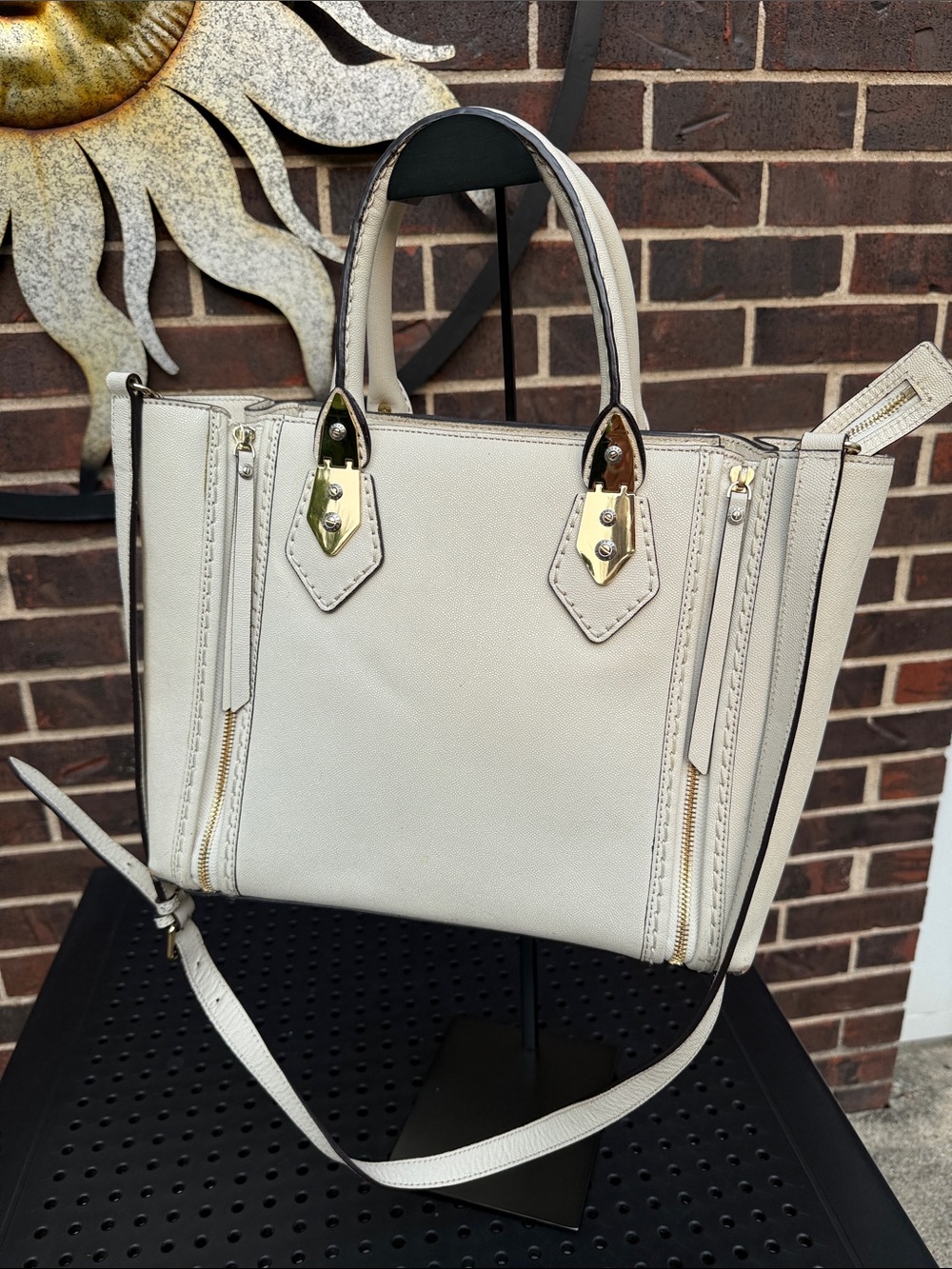 Henri Bendel West 57th Cream Saffiano Leather Satchel Crossbody Bag